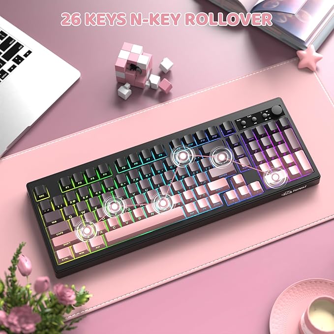 ZIYOU LANG K100 Wireless Gaming Keyboard,99 Keys Tri-Mode BT/2.4GHz/USB-C Creamy Color Keyboard with Number Pad RGB,Media Knob Custom Programmable Computer Keyboards for PC/Mac/Xbox (Pink)