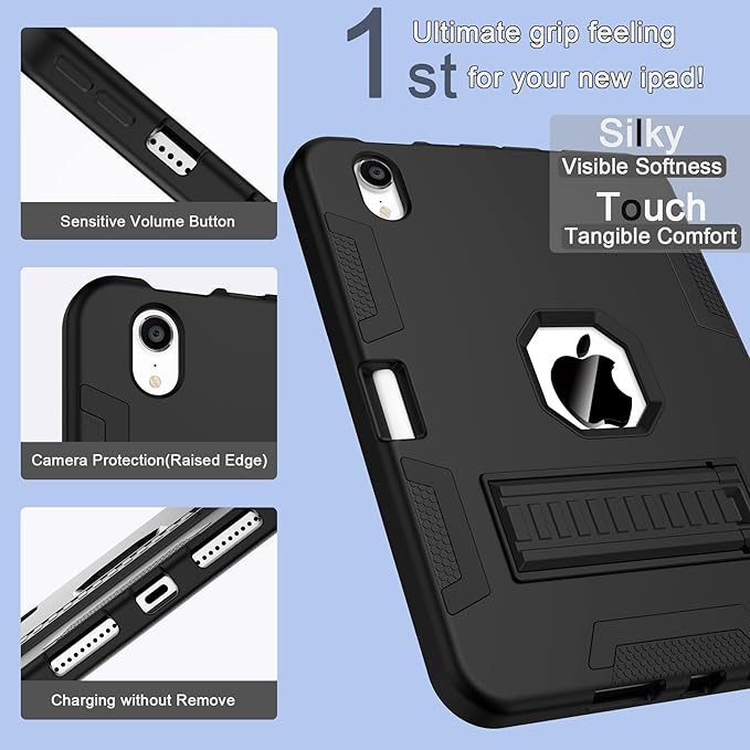 CCMAO for iPad mini 7 A17 Pro Case, iPad mini 6th/7th Generation Case (2021/2024), with Pencil Holder and Kickstand, Heavy Duty Shockproof Hybrid Three Layer Protective Cover, Black