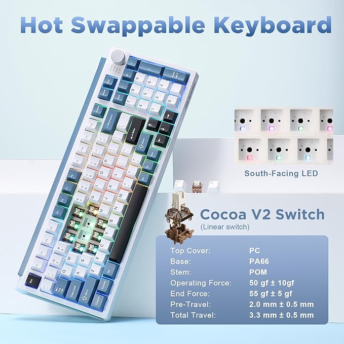 K98 Wireless Mechanical Keyboard,Tri-Mode BT5.0/2.4GHz/USB-C Hot Swappable Custom Keyboard,Gasket Structure,RGB Backlit Gaming Keyboard for Win & Mac(White&Blue,Cocoa-V2 Switch)