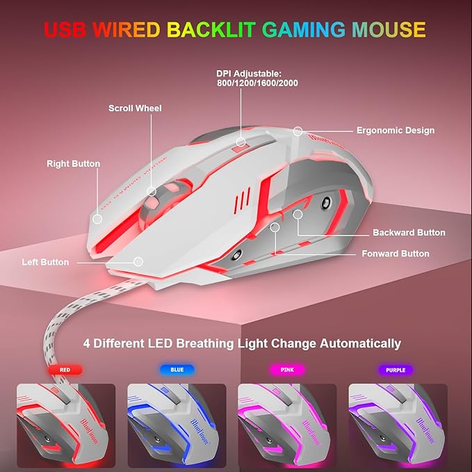 BlueFinger RGB Gaming Keyboard and Backlit Mouse Combo, USB Wired, LED Gaming Set for Laptop PC Computer Game and Work (White & Pink)