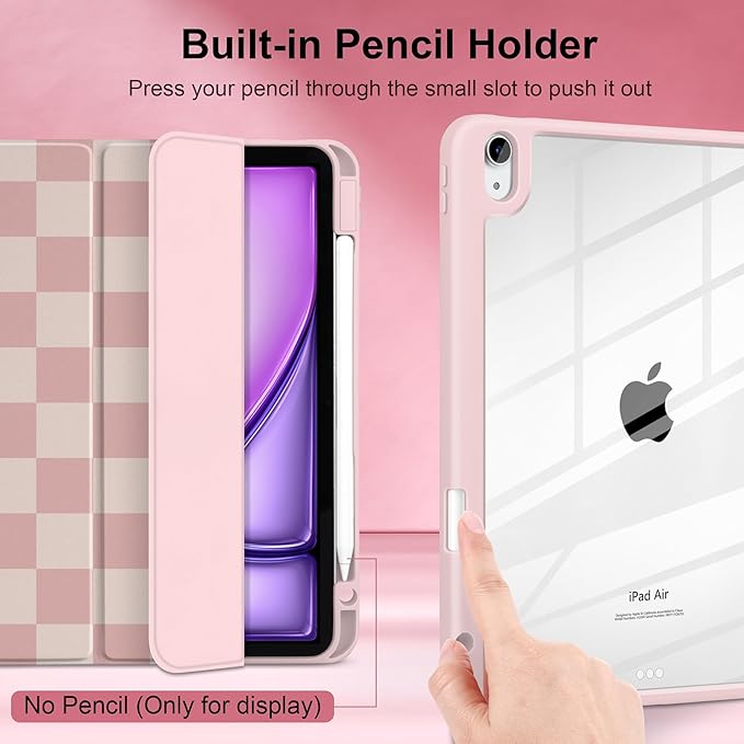 Case for iPad Air 13 inch 2026 M4 2025 M3 2024 M2 Release with Pencil Holder - Aesthetic Cute Preppy Design Trifold Cover with Soft TPU Bumper Clear Back Auto Sleep for Girls Women, Lattice