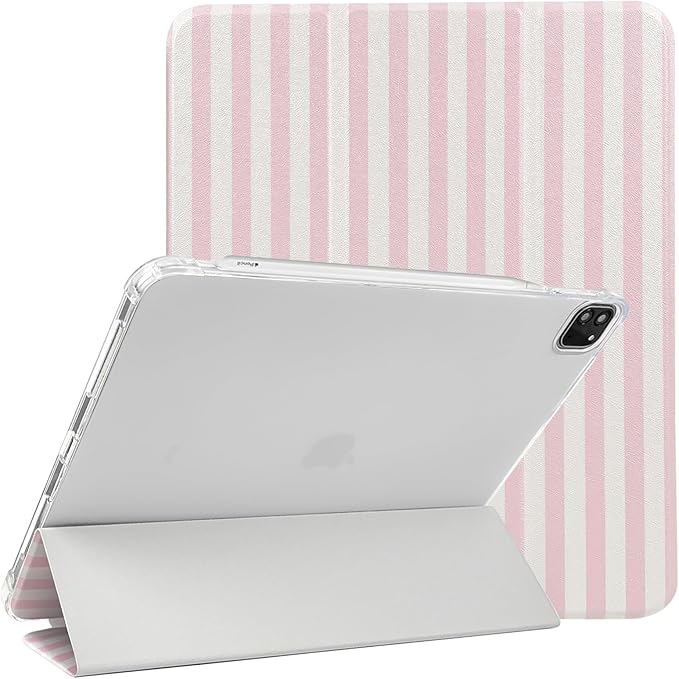 Lovmooful Compatible for iPad Pro 11-Inch,2022/2021/2020/2018 Model(4th/3rd/2nd/1st Generation) Case with Pencil Holder Cute Striped with Aesthetic Design Soft TPU Trifold Stand Protective-Pink&White