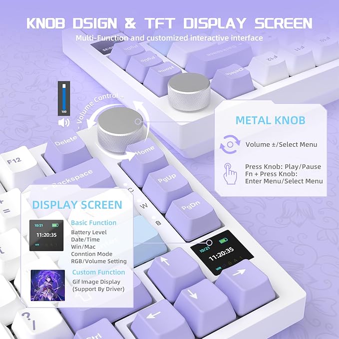 Attack Shark ajazz AK820 Pro Wireless Mechanical Gaming Keyboard Hot Swappable TFT Display & Knob RGB Backlit BT 5.1/2.4Ghz /Type-C Wired Gasket-Mounted Custom Keyboard for PC/Win(Purple/Fish Switch)