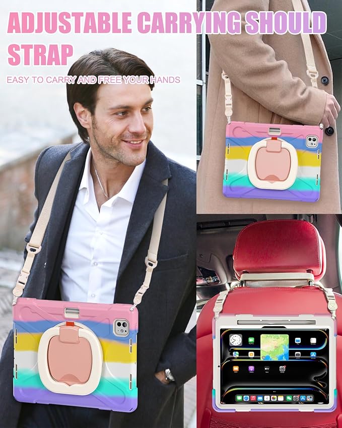 BRAECN for for iPad Pro 11 Inch Case M5 2025 & 2024 M4, Protective Rugged Silicone Cover with Built-in Pencil Holder, Carrying Shoulder Strap, Screen Protector, Ultra Stable Stand, Colorful Pink