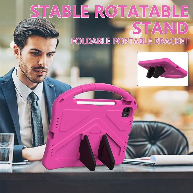Kids Case for iPad Air 11 inch M4/M3/M2 (2026/2025/2024) with Pencil Holder/Shockproof Handle/Kickstand/Slim Lightweight Soft EVA Foam Folio Stand Tablet Protective Girls Boys Cover, Rose