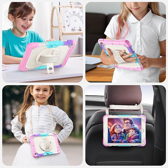 SEYMAC Kids Case for iPad 9th/8th/7th Generation 10.2", Full-Body Shockproof Heavy Duty Protective Case with Screen Protector, Rotating Stand/Handle/Shoulder Strap, Colorful Pink