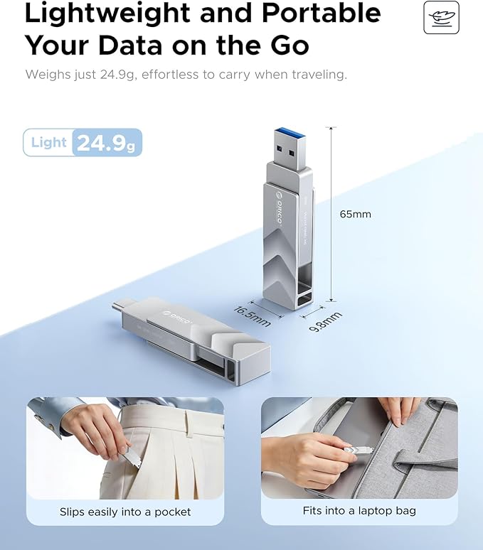 ORICO 256GB USB Flash Drive SSD, External TLC Solid State Drive Up to 400MB/s Read, 300MB/s Write High Speed USB-C & USB-A Port,Metal Housing Swivel Design Compatible with iPhone 17, Android, PC