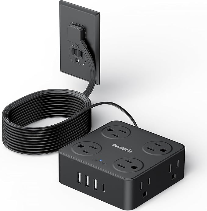 12 in 1 Power Strip Extension Cords with Multiple Outlets, 8 Outlets & 4 USB Ports Extension Cord, Flat Plug Compact Charging Station