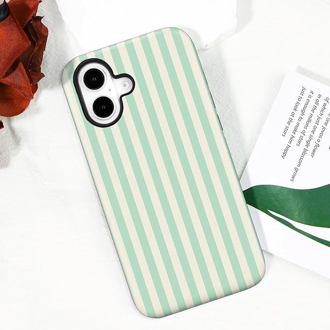 Magnetic for iPhone 16 Case Cute Stripes Phone Case, Shockproof Slim TPU and Hard PC Protective Phone Cover Compatible with MagSafe Designed for Women Girls, Light Green