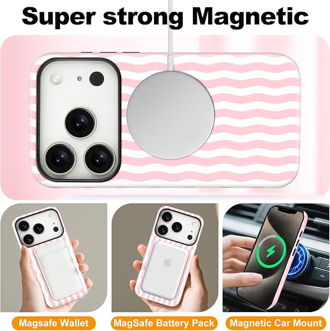 Magnetic for iPhone 17 Pro Max Case Cute Wavy Stripes Phone Case, Shockproof Slim TPU and Hard PC Protective Phone Cover Compatible with MagSafe Designed for Women Girls, Pink