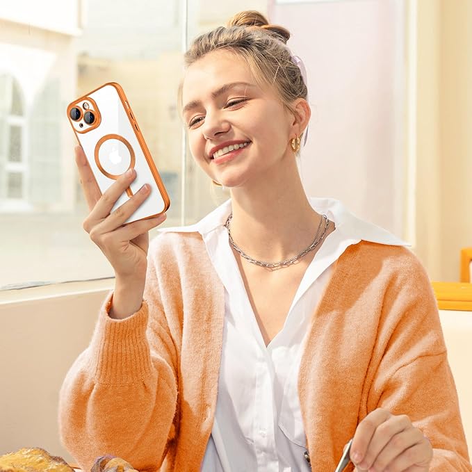 Hython Magnetic Clear for iPhone 14 Plus Case with Camera Lens Protector [Compatible with MagSafe] Luxury Plating Edge Slim Soft TPU Cover Protective Phone Case for iPhone 14 Plus 6.7", Matte Orange