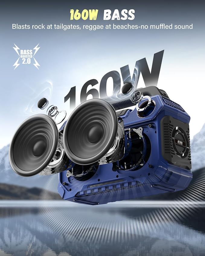 Outdoor Bluetooth Speaker, 160W Loud Bass! Rugged, IP67 Waterproof, 24H Playtime with Lights, Wireless TWS Pairing Portable Speakers for Party, Outsides, Travel, Beach, Garage(Tide Blue)