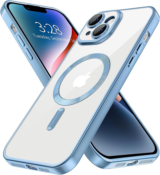 Hython Magnetic Clear for iPhone 14 Case with Camera Lens Protector [Compatible with MagSafe] Luxury Plating Edge Slim Soft TPU Cover Protective Phone Case for iPhone 14 6.1", Matte Light Blue