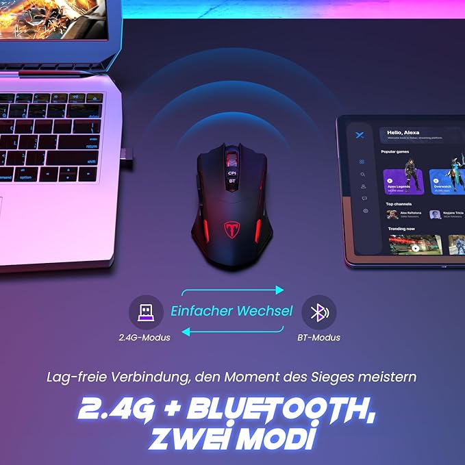 RisoPhy PC400 Wireless Gaming Mouse with 8000 DPI, 2.4G & Bluetooth Dual Mode Connection - Ergonomic Design, 7 Programmable Buttons, RGB backlighting, Precision Sensor for PC and Gaming