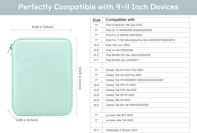Dadanism 9-11 Inch Tablet Sleeve Bag Carrying Case for iPad 10.2 2021-2019, iPad Pro 11 2022-2018, iPad Air 5th/4th 10.9, iPad 10th Gen 10.9 2022, Galaxy Tab A8 S8 S6 Lite, Mint Green