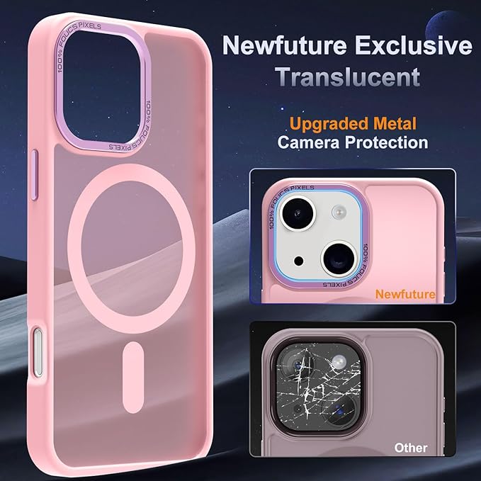 Newfuture Magnetic for iPhone 15 Case [Compatible with Magsafe] [Military Grade Drop Protection] Translucent Matte Anti-Fingerprint Shockproof Phone Case for iPhone 15 6.1 inch, Tender Pink