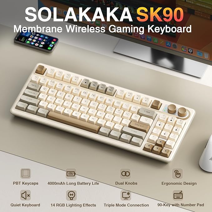 SOLAKAKA SK90 75% Wireless Gaming Keyboard - 4000mAh Tri-Mode (BT5.0/2.4G/USB-C) Cute Creamy Gaming Keyboard with Number Pad, Media Knob, RGB Backlit, Quiet Keys Silent Office Keyboards for PC MAC