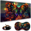 Extended Non-Slip Mouse Pad + Mouse Wrist Rest + Lace-Shaped Coaster Set, Ergonomic Design, Suitable for Desk and Home Gaming Table Mat, Psychedelic Butterfly