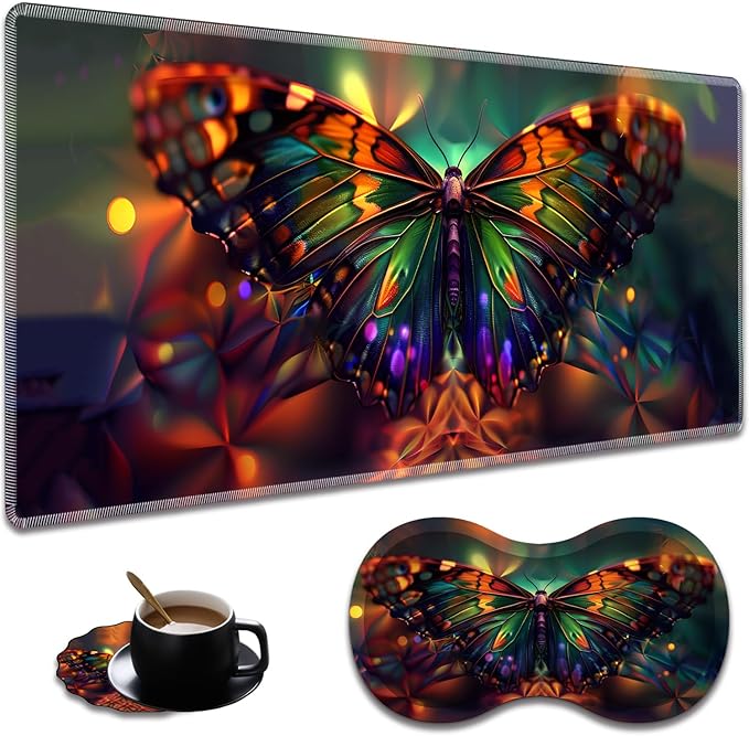 Extended Non-Slip Mouse Pad + Mouse Wrist Rest + Lace-Shaped Coaster Set, Ergonomic Design, Suitable for Desk and Home Gaming Table Mat, Psychedelic Butterfly