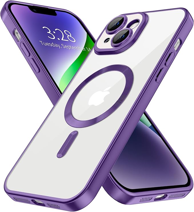 Hython Magnetic Clear for iPhone 14 Plus Case with Camera Lens Protector [Compatible with MagSafe] Luxury Plating Edge Slim Soft TPU Cover Protective Phone Case for iPhone 14 Plus 6.7", Matte Purple