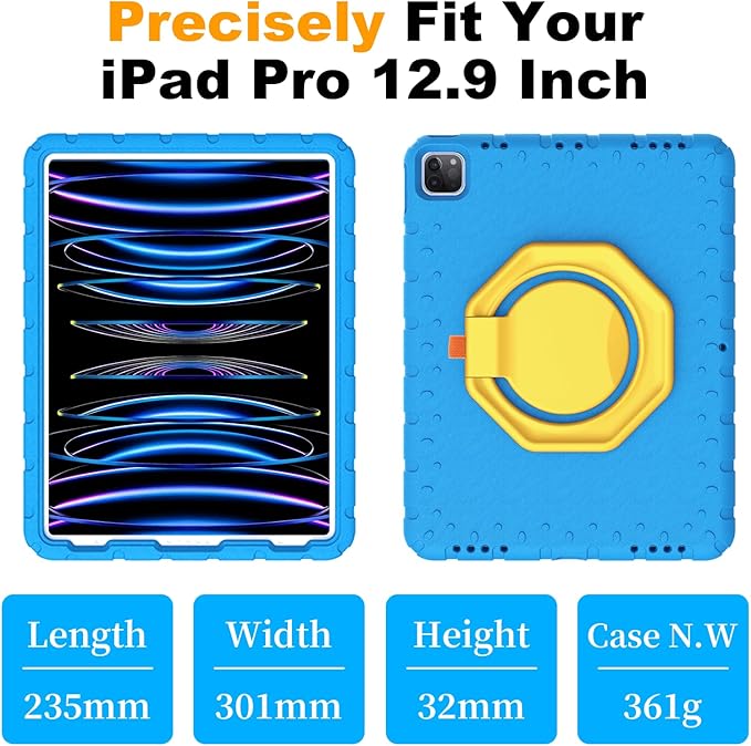 for iPad Pro 12.9 Case 6th/5th/4th/3rd Generation with 360° Rotating Stand & Pencil Holder, Heavy Duty Cute Cover for iPad Pro 12.9 inch 2022/2021/2020/2018, Blue