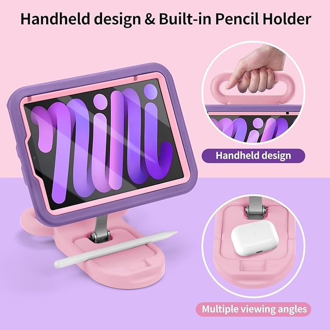 Kids Case for iPad mini 7 (A17 Pro) 2024 /iPad Mini6 2021,Adjustable Portrait/Landscape Stand//Drop Proof with Handle/Kickstand,Child Friendly Case for iPad mini 7th/6th Gen 8.3inch (PurplePink)