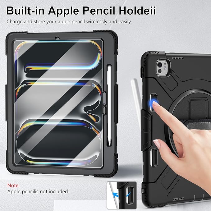 Case for iPad Pro 13 Inch M5 2025/ M4 2024: Military Grade Cover for iPad Pro 13" with Screen Protector - Stand - Handle - Shoulder Strap - Pencil Holder- Black