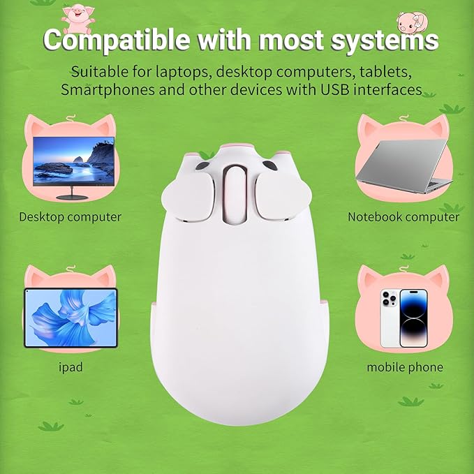 elec Space Cute Pig Design Wireless Mouse Dual Mode Bluetooth & USB Mouse, Silent Operation, Ergonomic, Perfect for Laptops & PCs, Ideal Gift for Animal Lovers and Family (White)