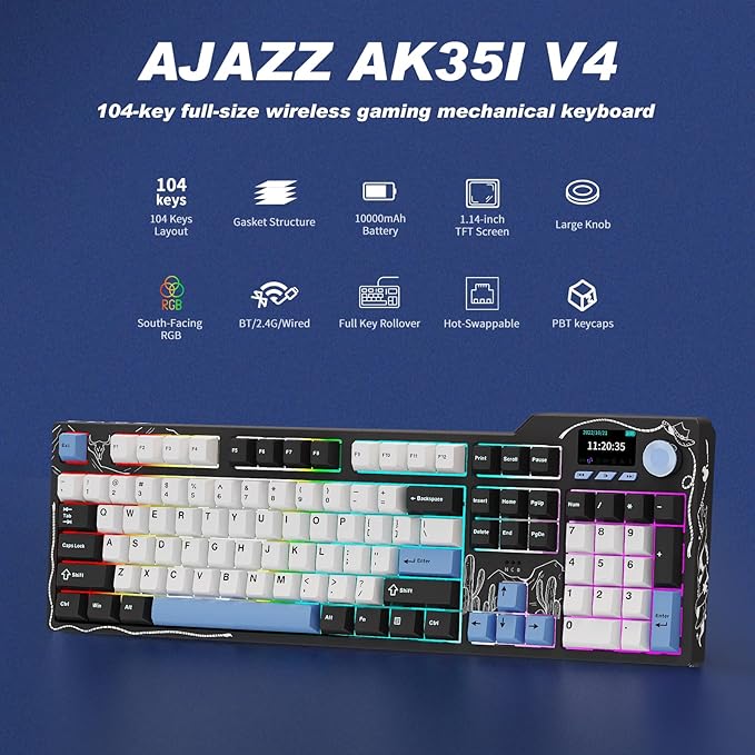 DAIDAI×AJAZZ AK35I V3 Full Size Hot Swap Mechanical Gaming Keyboard with Screen & Knob 2.4G/BT/USB-C Gasket Keyboard FR4 Plate 8000mAh Battery South Facing LED RGB (Avocado Axis)