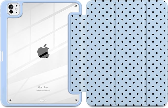 Case for iPad Pro 13 Inch (M5 2025 M4 2024) – [Built-in Pencil Holder], Shockproof & Stylish, Clear Hard Back + Soft TPU Edge, Magnetic Trifold Stand, Auto Wake/Sleep, Blue Polka dot