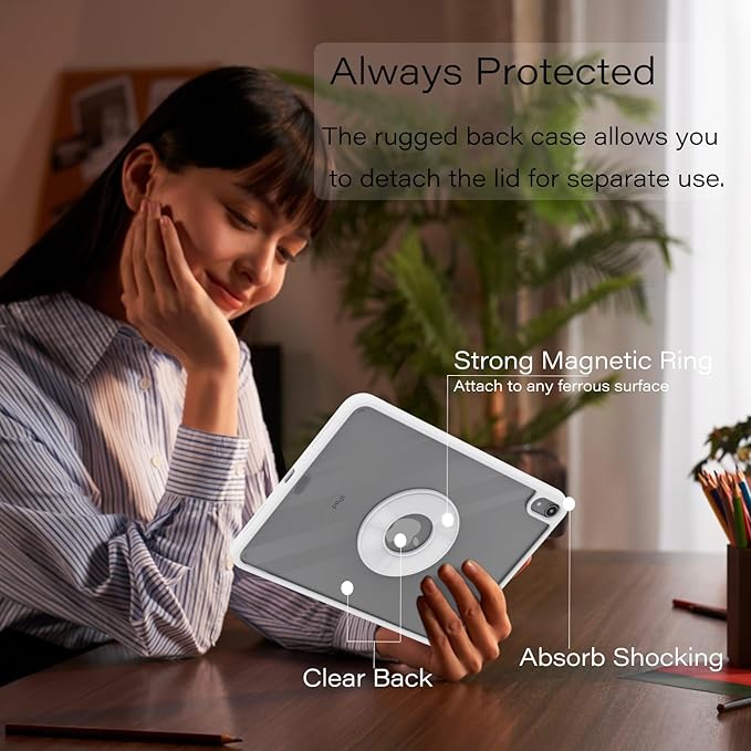 ZENLU iPad 10th 11th Generation Magnetic Case with Removable Folio Cover, Semi-Silicone Leather, Vertical Stand, Clear Back, Smart Sleep/Wake, Full Protective Case for iPad 10 & 11(A16) (White)