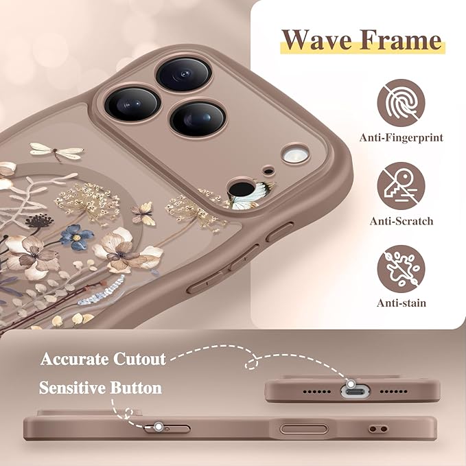 GVIEWIN for iPhone 17 Pro Case Compatible with MagSafe [Curly Wave Edge][Full Camera Protection] Floral Translucent Shockproof Magnetic Women Phone Case for iPhone 17 Pro 6.3'', Autumnflit/Brown