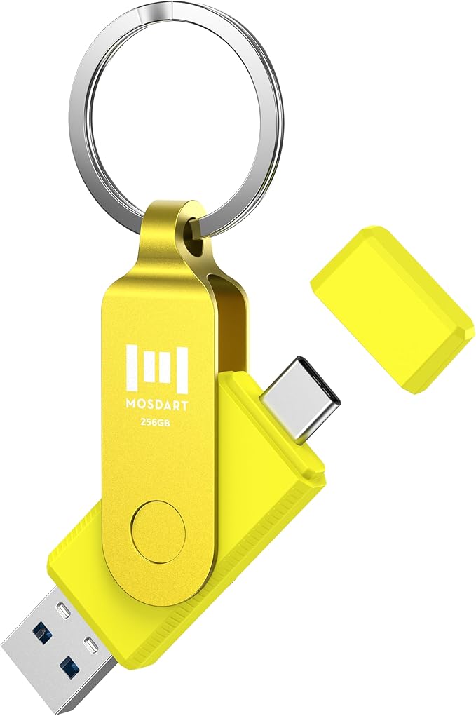 MOSDART 256GB USB C 3.2 Fast Speed C and A Dual Flash Drive, exFAT Memory Stick with Keychain and LED Indicator, for iPhone 15,16, 17, Android Phone, iPad, MacBook, and Other Laptops,Yellow