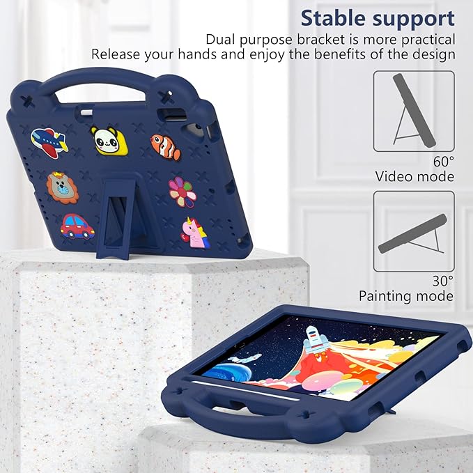 AKABEILA Compatible with Apple iPad 7 2019 10.2/iPad 8 2020 10.2/iPad 9 2021 10.2/iPad Pro 10.5 2017/iPad Air 3 2019 10.5 Tablet Case, Kids Case with Shoulder Strap & Stand Handle & Pen Tray Navy Blue