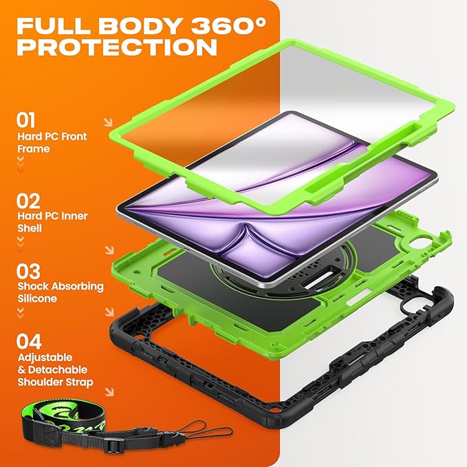 SEYMAC stock Case for iPad Air 13-inch M4-M2 2026-2024 (Gen 8-6), Shockproof Heavy Duty Case with Screen Protector, Pencil Holder, Rotating Stand, Hand Strap, Shoulder Strap, Green