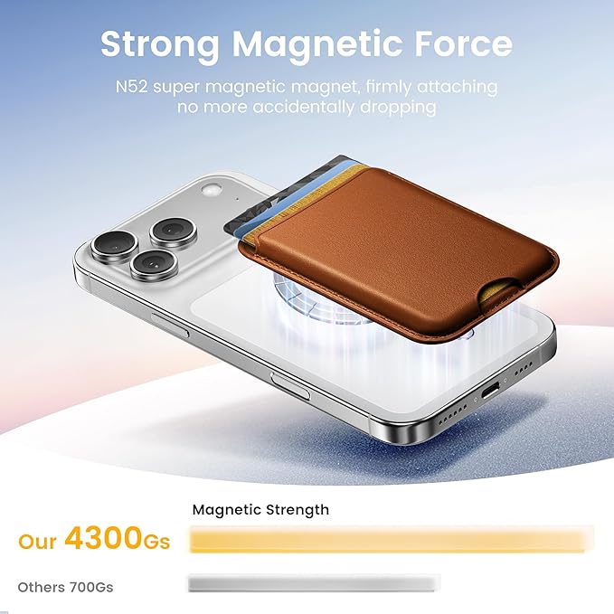 Stronger Magnetic Wallet for iPhone 17/16/15/14/13/12 Series, Slim Leather Magnetic Card Holder with RFID Blocking, N52 Magnet Phone Wallet, Fit 3 Cards, Dark Brown