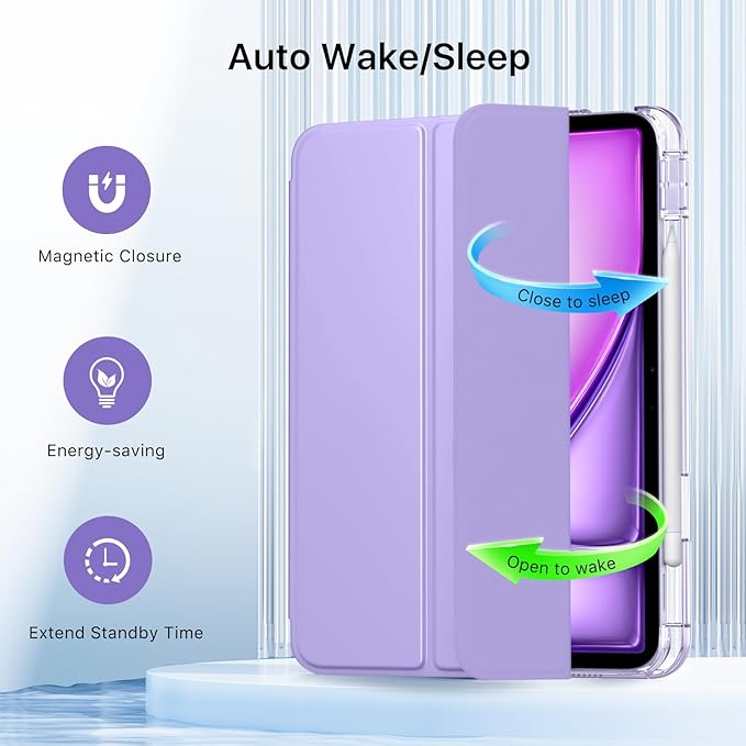 MoKo for iPad Air 11 inch Case (M4/M3/M2) 2026/2025/2024, iPad Air 5th/4th Gen 10.9 inch Case 2022/2020 with Pencil Holder, Slim Light Trifold Cover with Hard PC Translucent Back Shell, Lilac