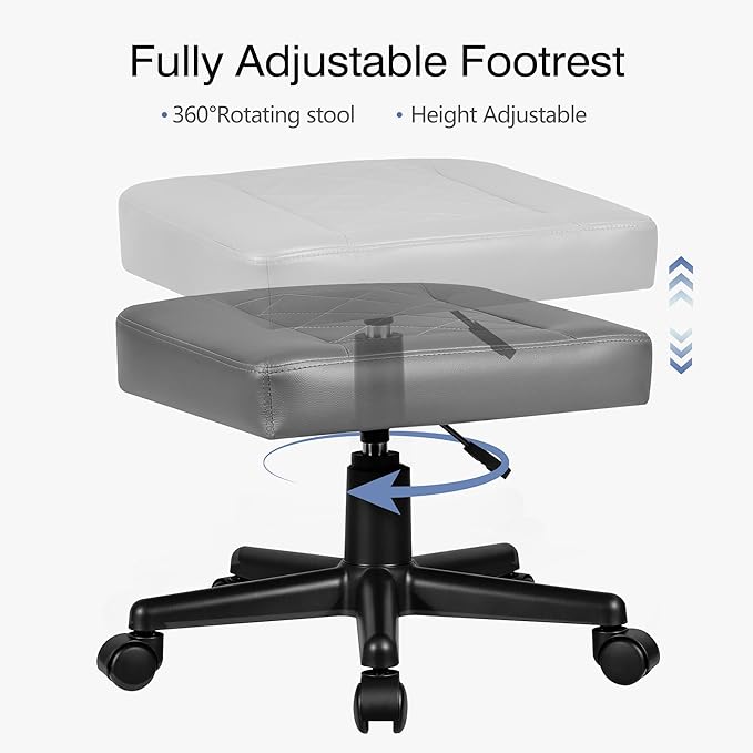 VECELO Under Desk Footrest, PU Ergonomic Foot Rest with Wheels, Comfort Padding, Height Adjustable for Relieving Leg Pain, Stiffness, and etc, Gray
