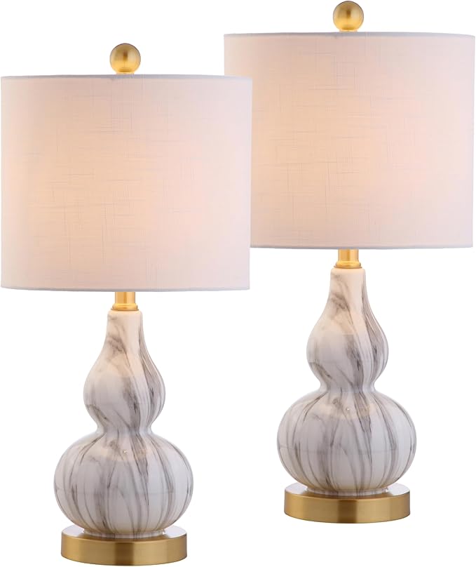 JONATHAN Y 20.5" Black/White Glass Table Lamp, Modern Gourd Bedside Nightstand Lamp for Bedroom, Living Room, White Linen Shade, LED Bulb Included (JYL1028D-SET2)