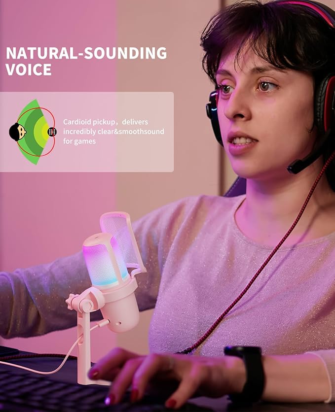 USB Streaming Gaming Microphone, PC Condenser Desktop Mic for Video, Home use, YouTube, with RGB Control, Gain Knob, 3.5mm Headphone Jack, Shock Mount, on Computer/PS5 - Pink