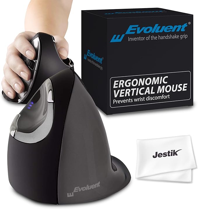 Evoluent Vertical Mouse D Large (VMDL) - Ergonomic Wired Mouse for Laptop and PC with Jestik Microfiber Cloth