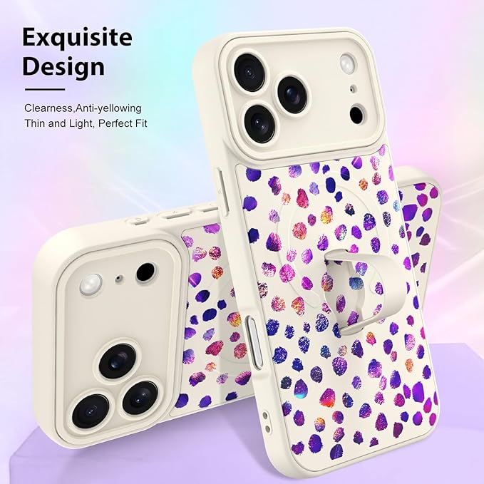 KANGHAR Compatible with iPhone 17 Pro Case, Support for MagSafe, Silicone Cute Iridescent Pattern Leopard Print Cheetah, Wristband Kickstand Shockproof Soft Slim Cover for Girls Women, White