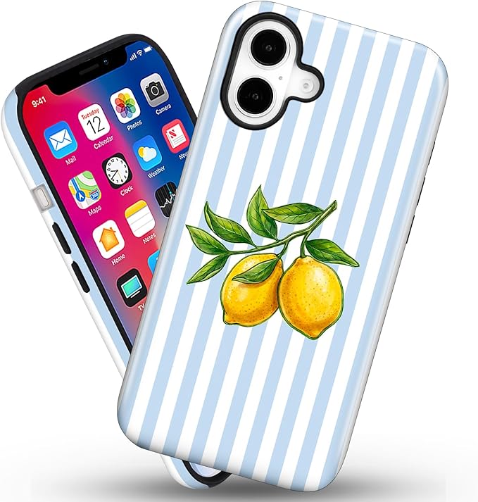 Magnetic for iPhone 17 Case Cute Lemon Stripes Phone Case, Shockproof Slim TPU and Hard PC Protective Phone Cover Compatible with MagSafe Designed for Women Girls, Blue
