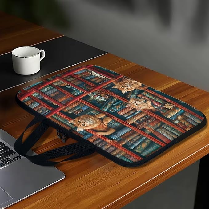 Vintage Bookshelf Laptop Sleeve Case Computer Cover Compatible with 10-17 Inch Tablet Cute Cat Protective Carrying Bag Briefcase Carrying Case, 12 Inch, Book Lover