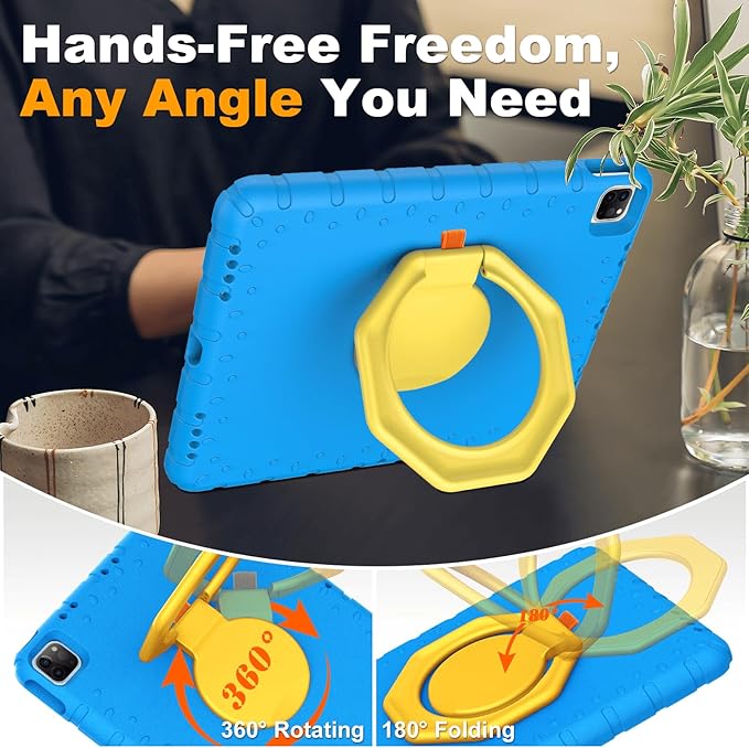 for iPad Pro 12.9 Case 6th/5th/4th/3rd Generation with 360° Rotating Stand & Pencil Holder, Heavy Duty Cute Cover for iPad Pro 12.9 inch 2022/2021/2020/2018, Blue
