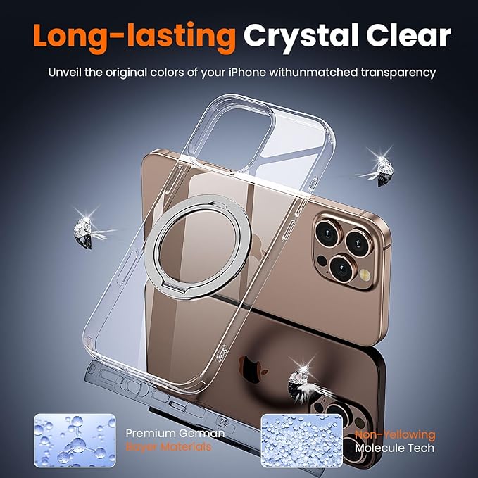 toushion 3 in 1 for iPhone 16 Pro Case Clear with Stand,Not Yellowing,Flexible Stable Stand,Kickstand,fits MagSafe,Military-Grade Protection Phone case for iPhone 16 pro Clear - Ring Holder
