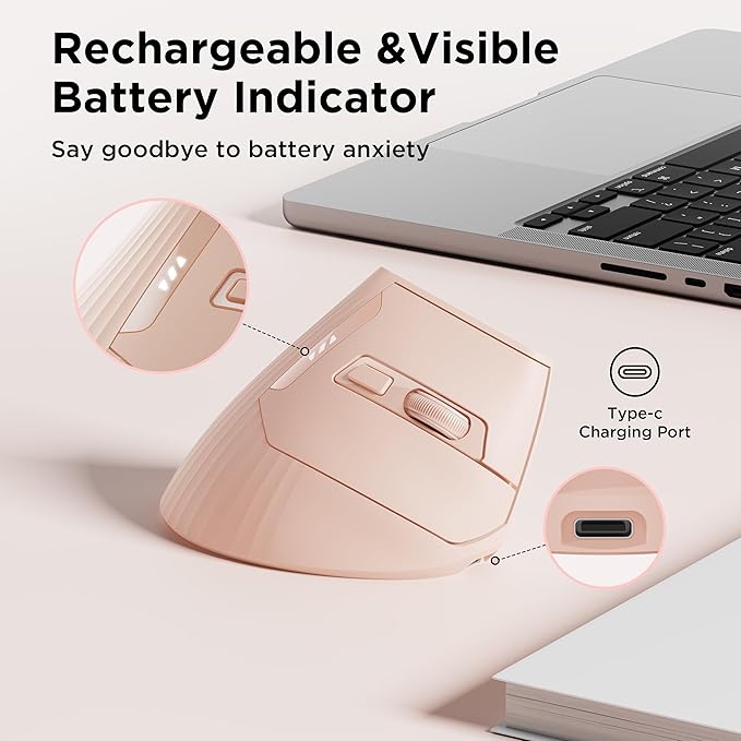 Ergonomic Mouse, Vertica Wireless Mouse 2.4G with USB A Receiver, 2400 DPI Optical Tracking Mice, 4 Adjustable DPI Levels, Rechargeable with Battery Indicator, Wide Compatibility for Windows, Mac OS