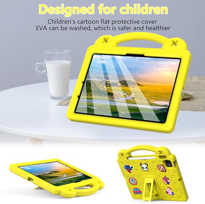 Dteck for iPad Air 6th Gen 11 Inch, iPad Pro 11 Inch 5th Gen Case: Cartoon Panda Shockproof Rugged Lightweight Convertible Stand Kids Friendly Tablet Case with Handles, Yellow