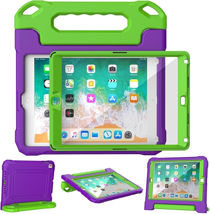 YIHE Kids Case for iPad 9.7 Inch with Screen Protector, Shockproof Handle Convertible Stand Case for iPad 9.7 6th/5th Generation 2018/2017, iPad Air 2/1& iPad Pro 9.7, Purple&Green