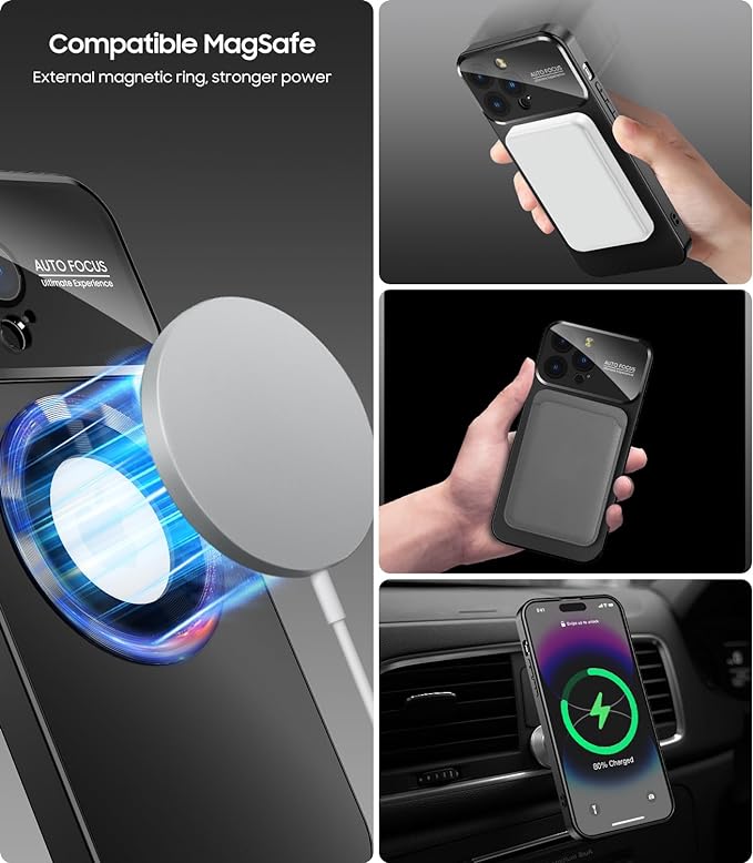 MAKAVO Magnetic for iPhone 16 Pro Case, Compatible with MagSafe, Built-in Camera Lens Protector, Logo View, Military Grade Drop Proof Phone Cover, Black
